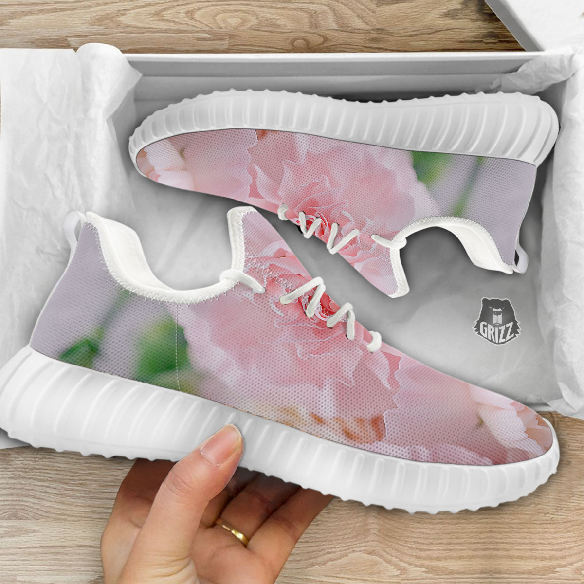 Carnation Flower Pink Print White Walking Shoes-grizzshop