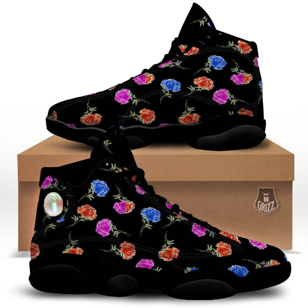 Carnation Watercolor Print Pattern Black Basketball Shoes-grizzshop