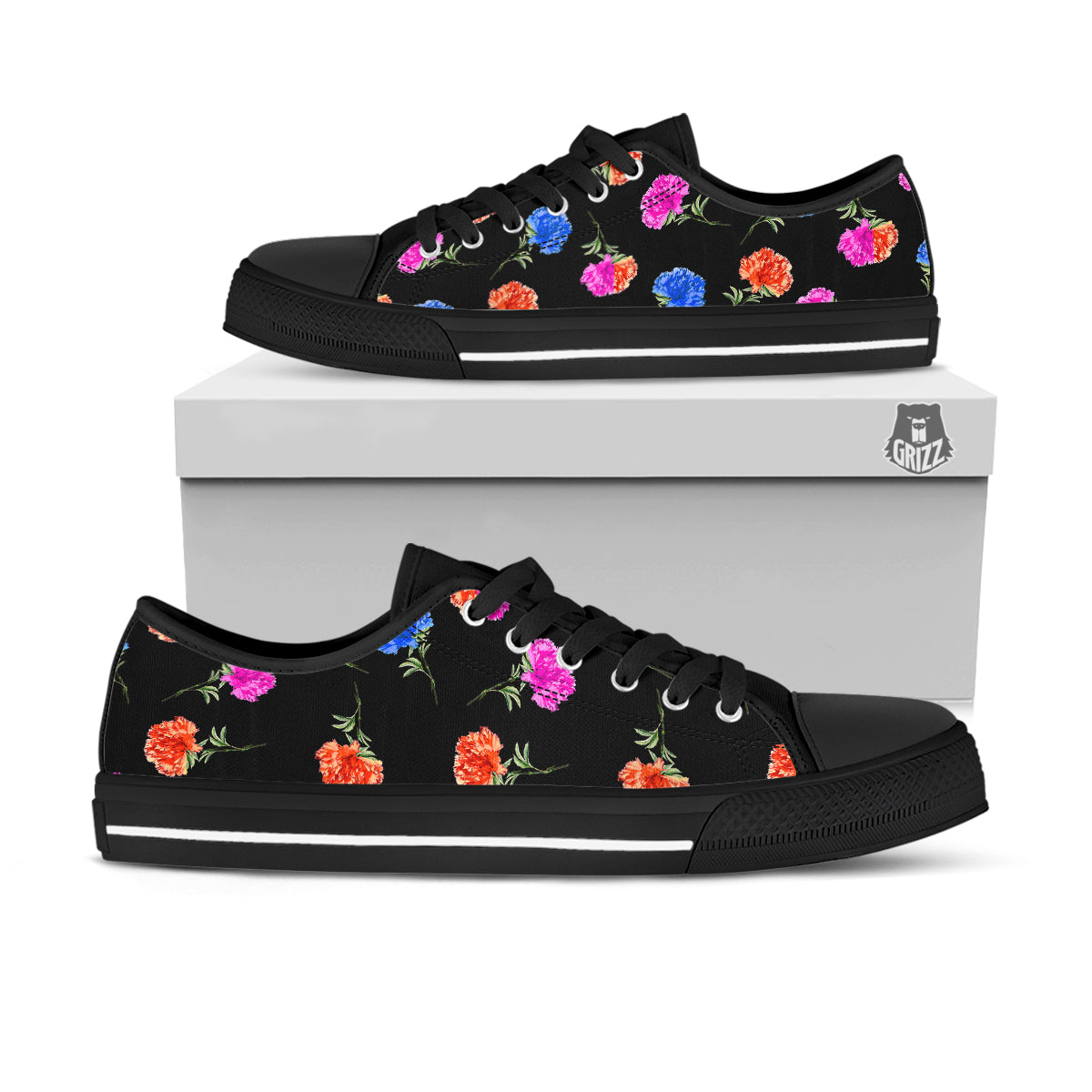 Carnation Watercolor Print Pattern Black Low Top Shoes-grizzshop
