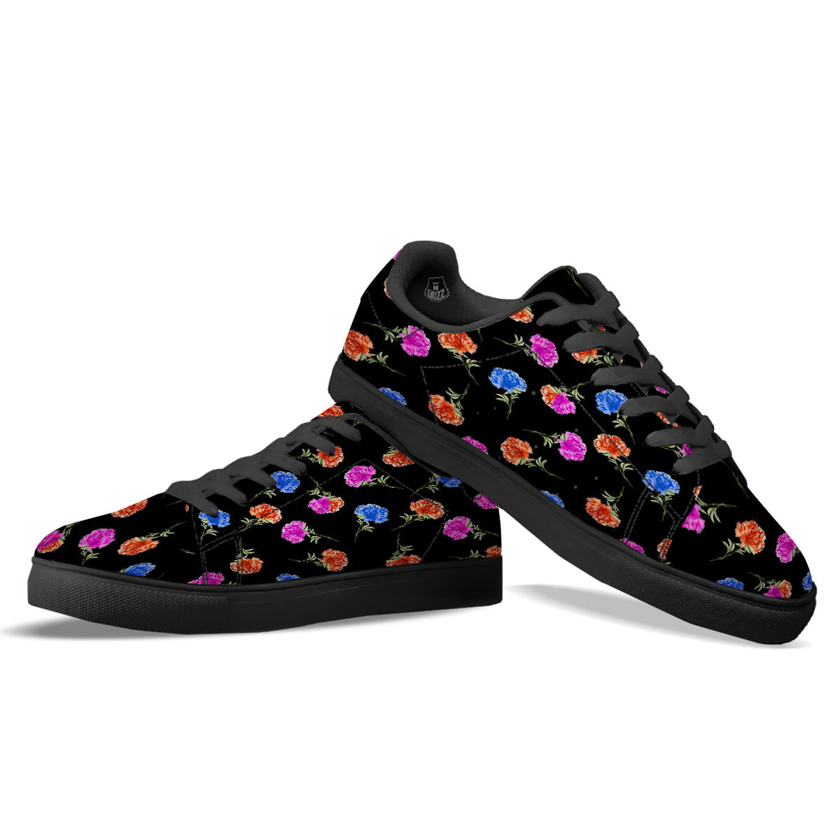 Carnation Watercolor Print Pattern Black Low Top Sneakers-grizzshop