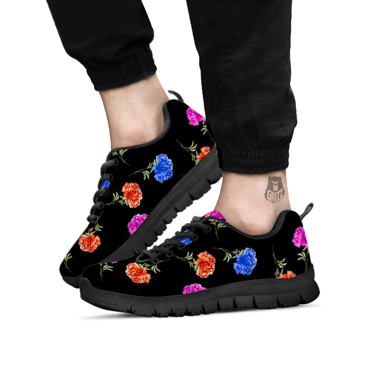 Carnation Watercolor Print Pattern Black Sneaker-grizzshop