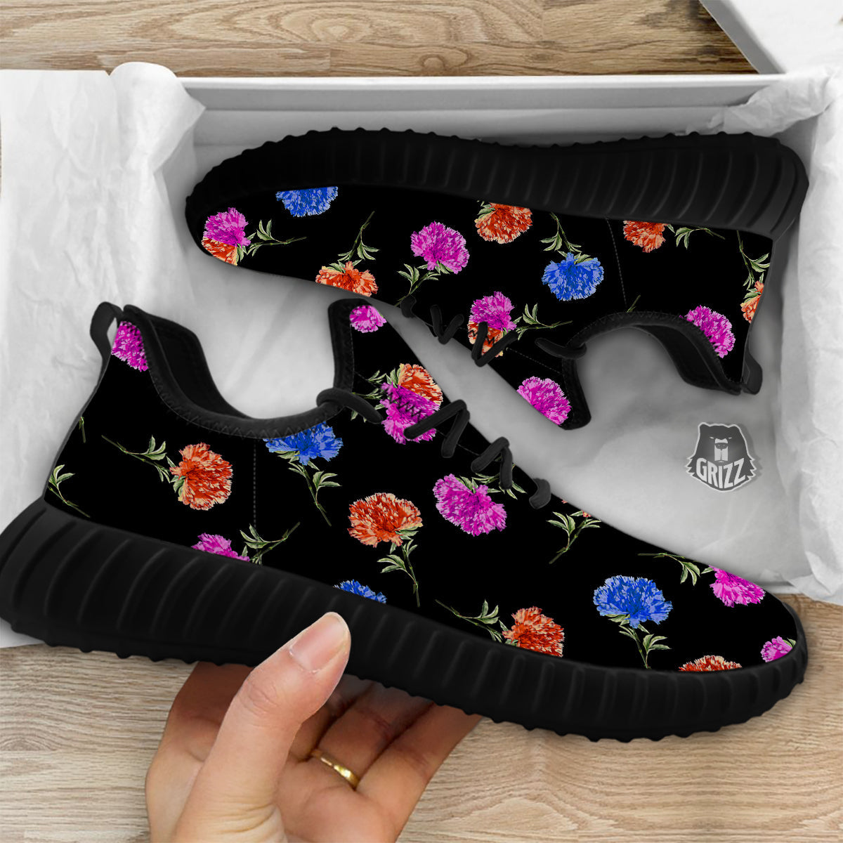 Carnation Watercolor Print Pattern Black Walking Shoes-grizzshop