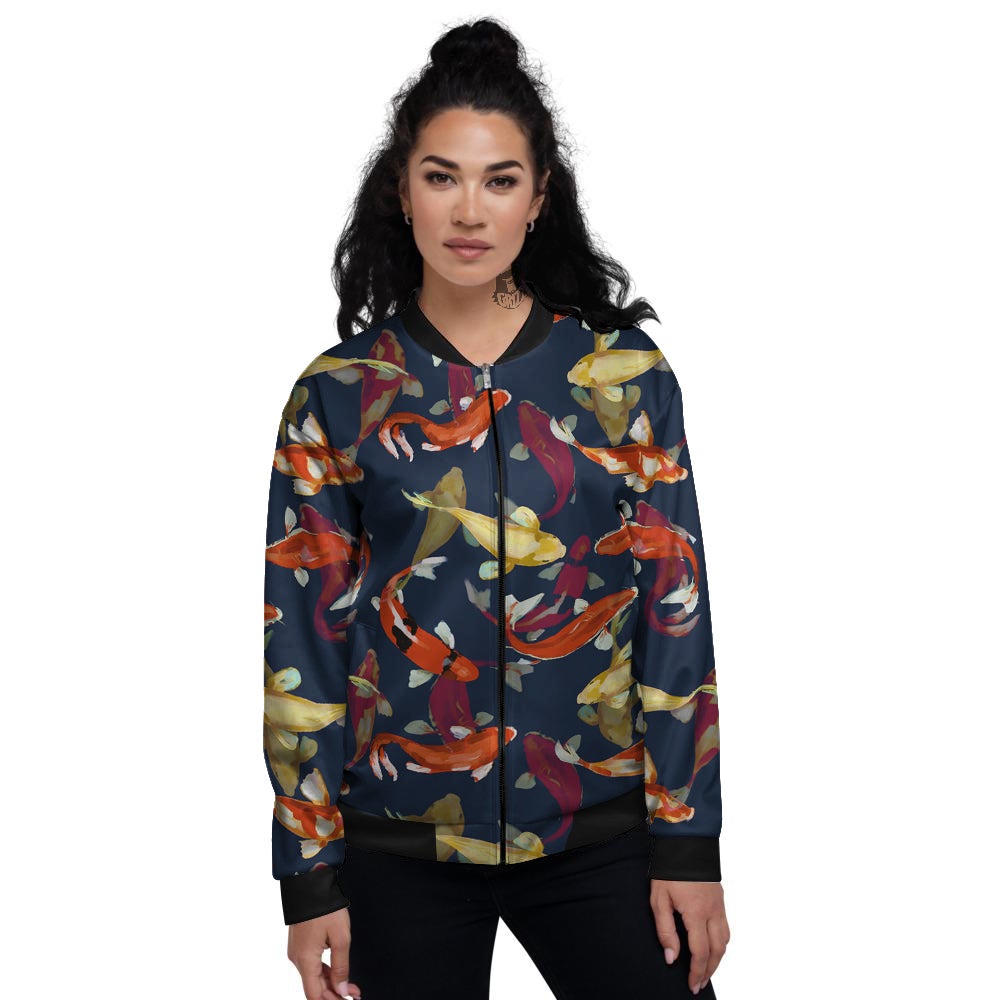 Carp Fish Koi Watercolor Print Pattern Women's Bomber Jacket-grizzshop