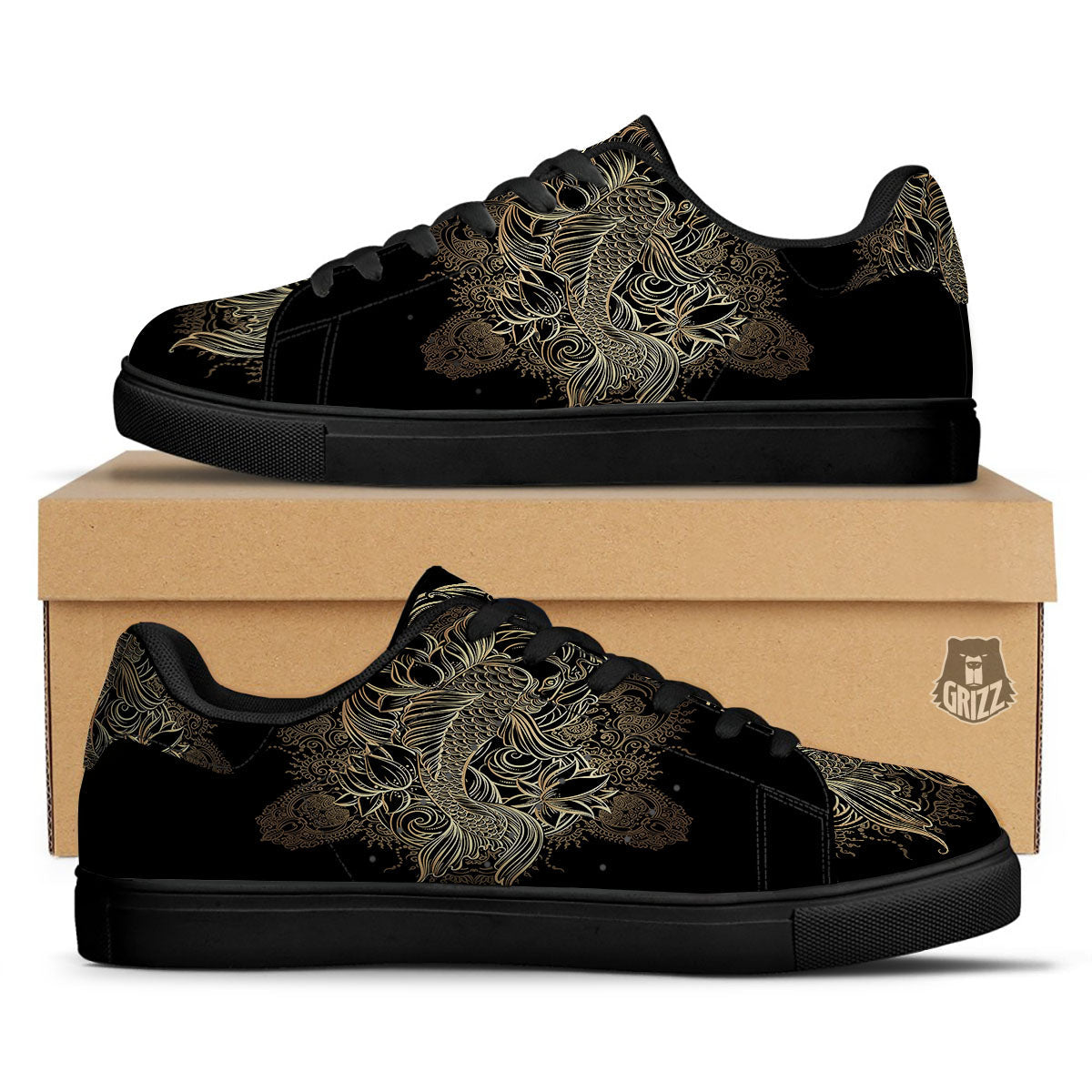 Carp Koi Fish Gold Print Black Low Top Sneakers-grizzshop