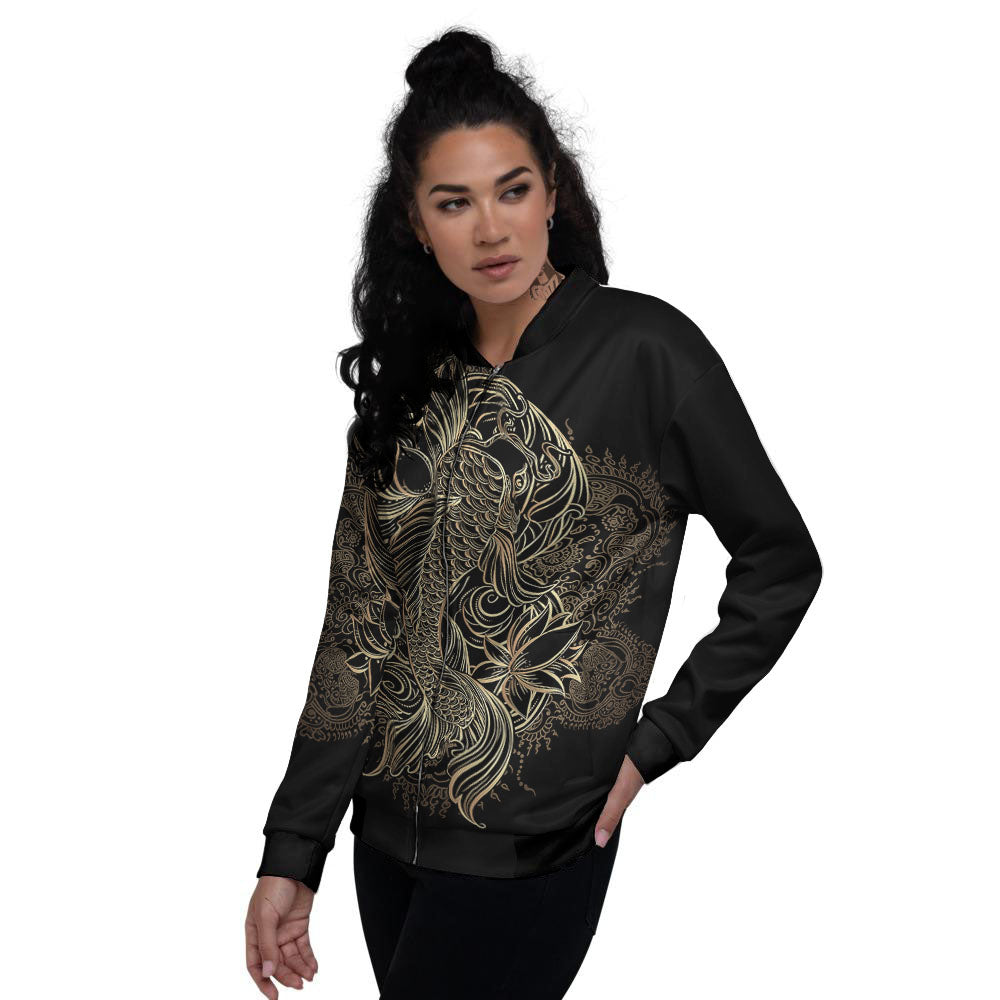 Carp Koi Fish Gold Print Women's Bomber Jacket-grizzshop