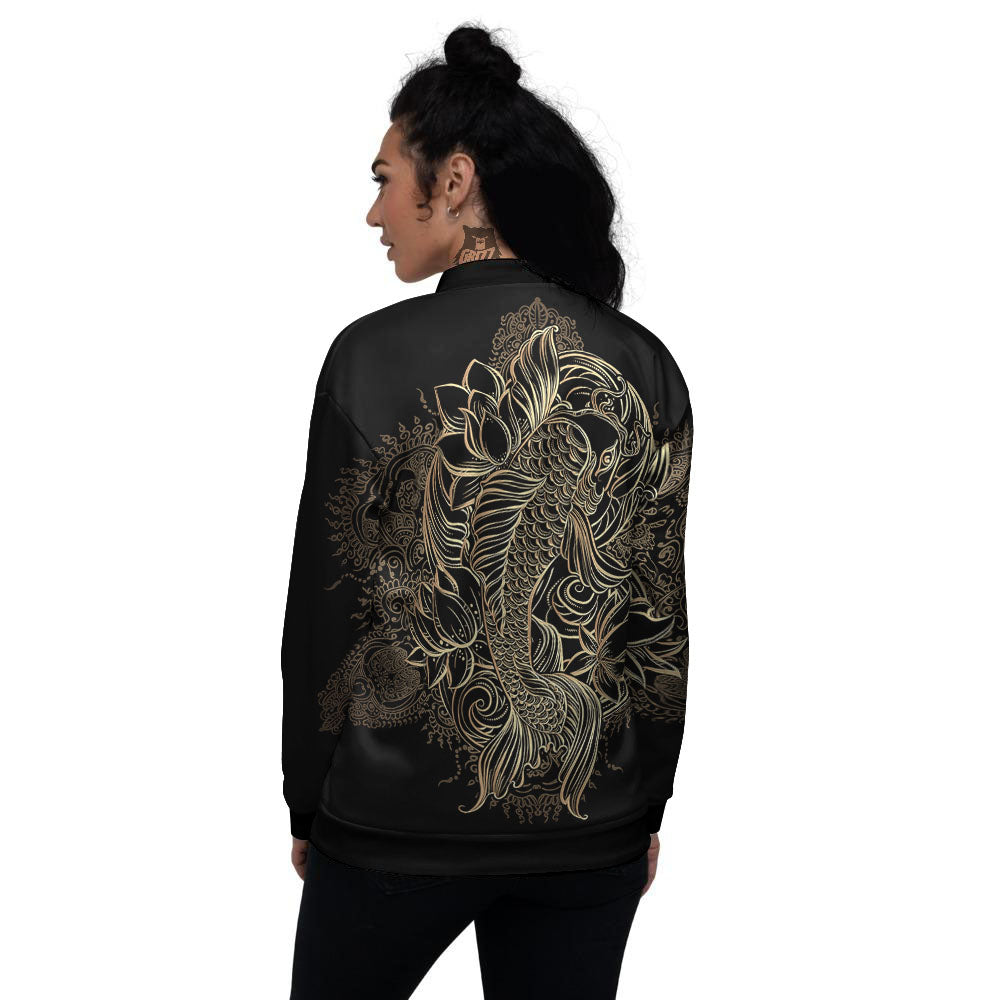 Carp Koi Fish Gold Print Women's Bomber Jacket-grizzshop