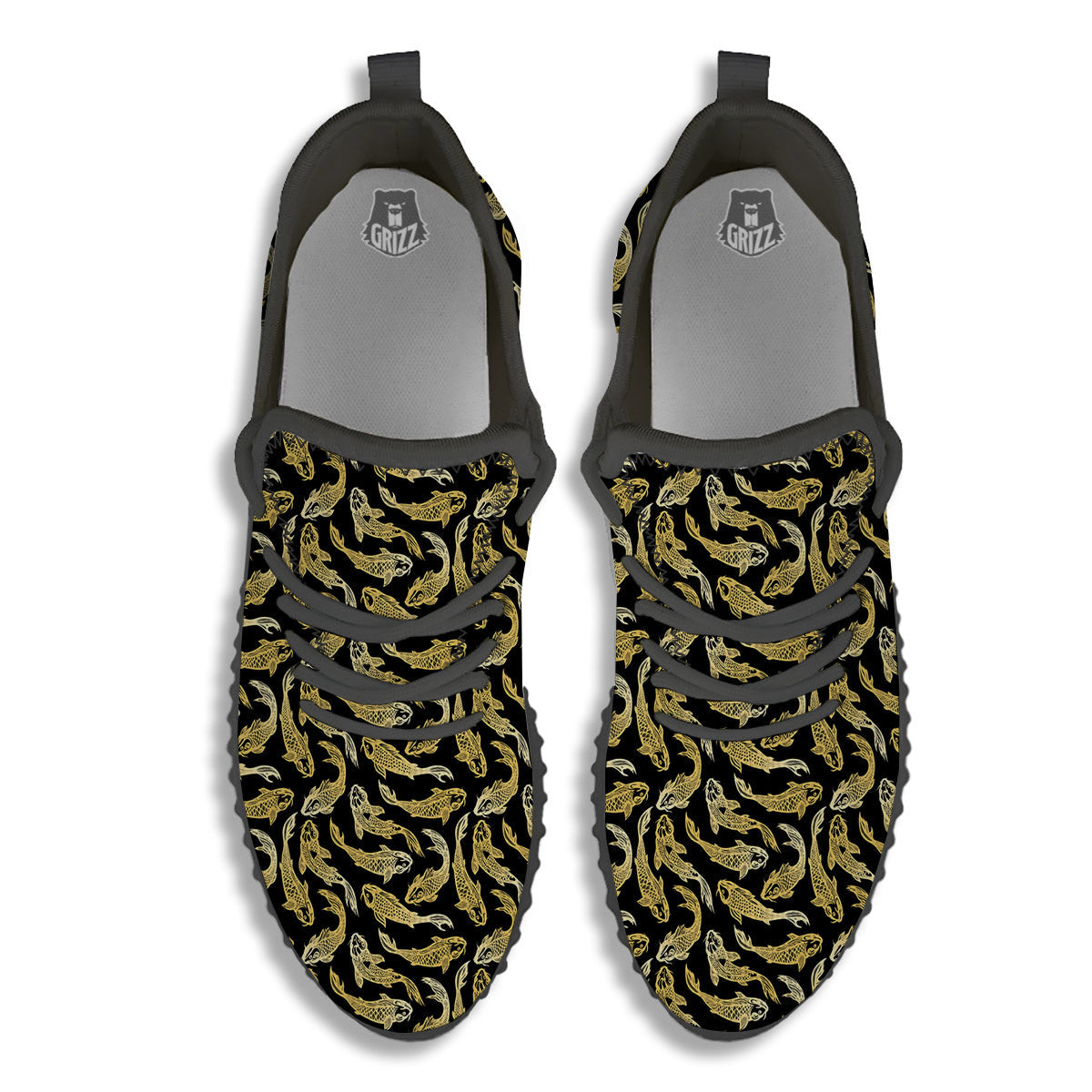 Carp Koi Golden Chinese Print Pattern Black Walking Shoes-grizzshop