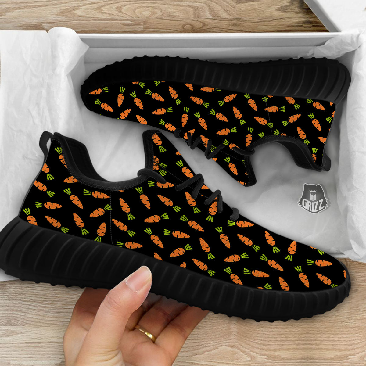 Carrot Black Print Pattern Black Walking Shoes-grizzshop