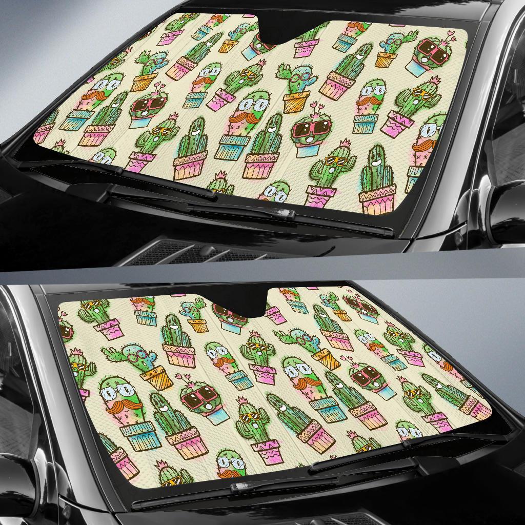 Cartoon Cactus Pattern Print Car Sun Shade-grizzshop