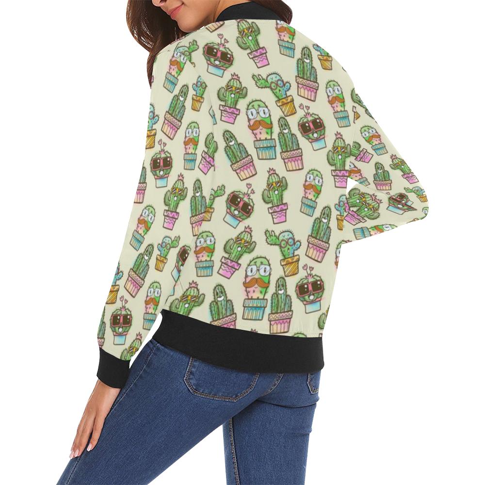 Cartoon Cactus Pattern Print Women Casual Bomber Jacket-grizzshop