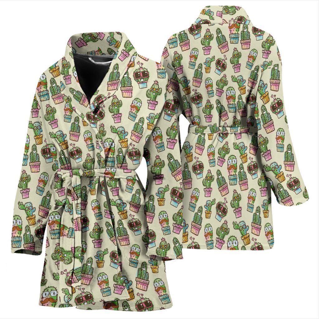Cartoon Cactus Pattern Print Women Long Robe-grizzshop