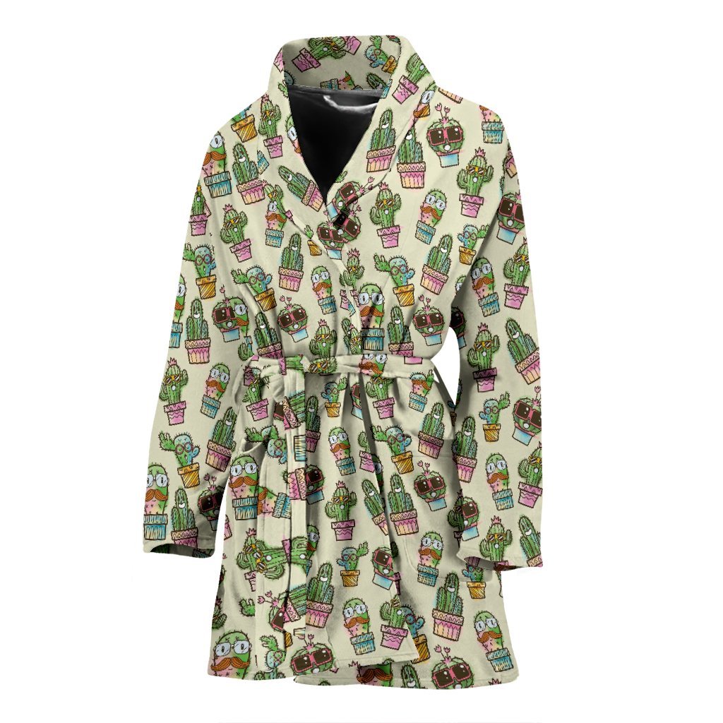 Cartoon Cactus Pattern Print Women Long Robe-grizzshop