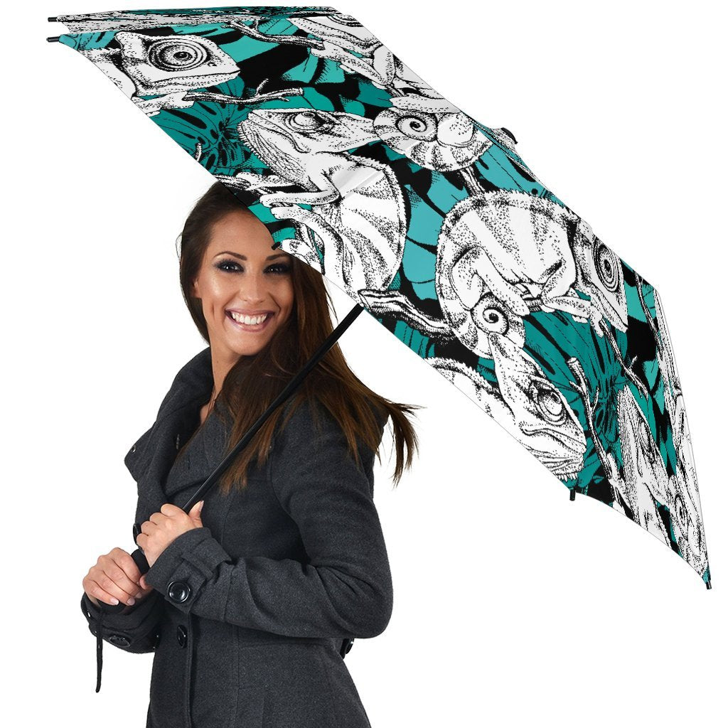 Cartoon Chameleon Pattern Print Automatic Foldable Umbrella-grizzshop