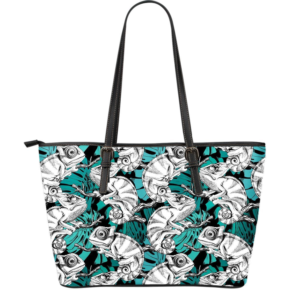 Cartoon Chameleon Pattern Print Leather Tote Bag-grizzshop