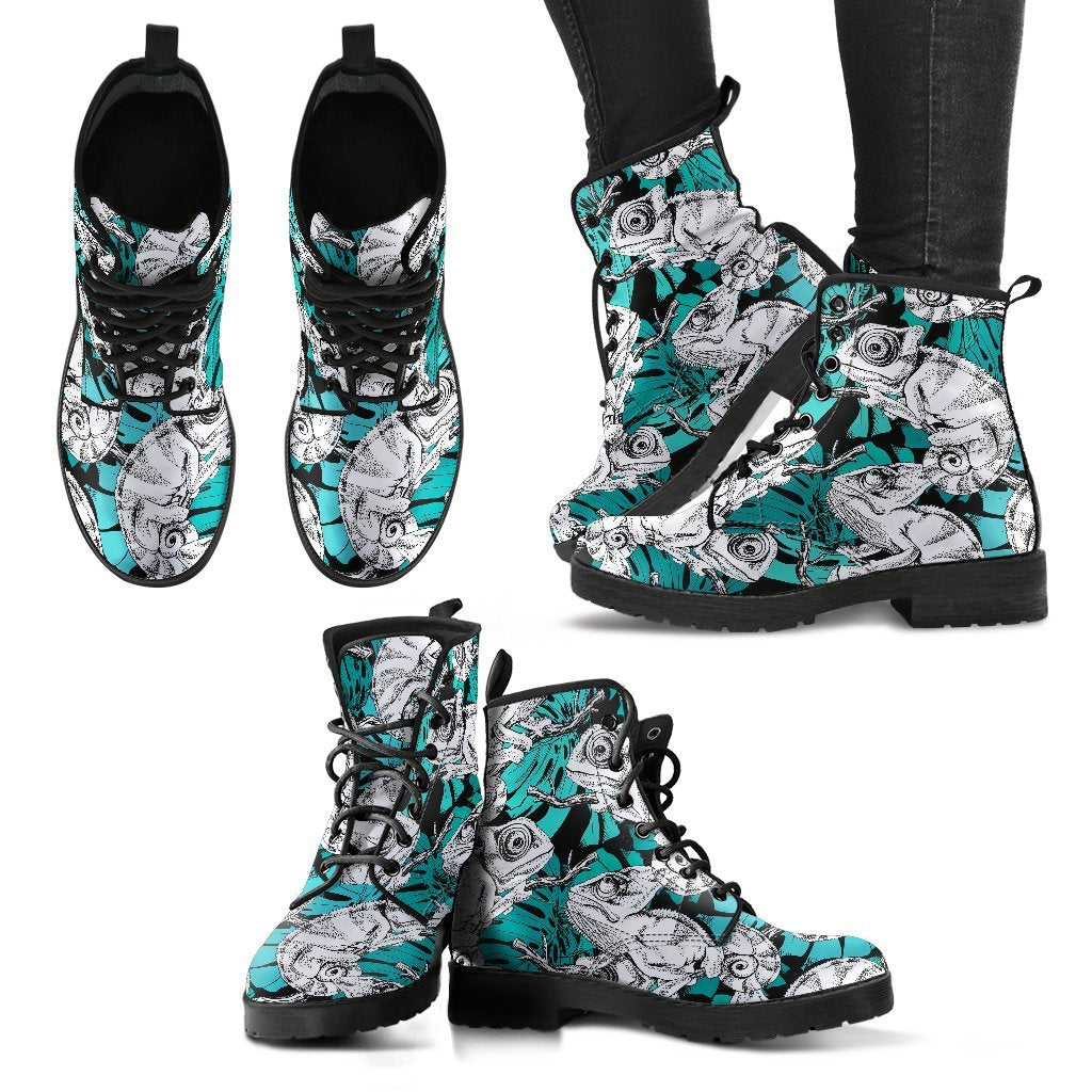 Cartoon Chameleon Pattern Print Men Women Leather Boots-grizzshop