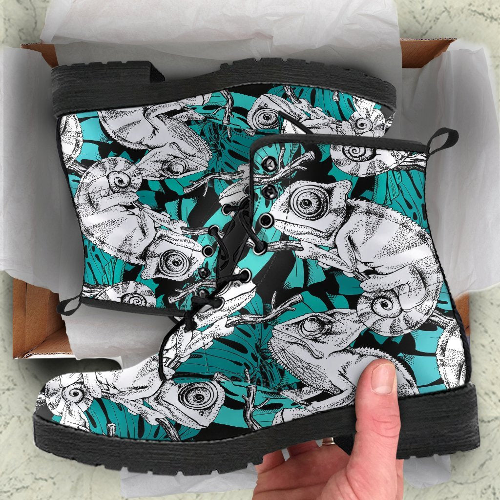 Cartoon Chameleon Pattern Print Men Women Leather Boots-grizzshop