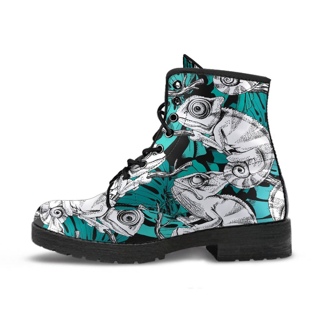 Cartoon Chameleon Pattern Print Men Women Leather Boots-grizzshop