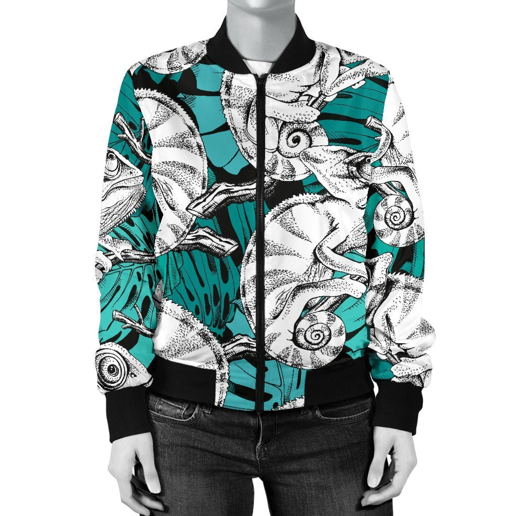 Cartoon Chameleon Pattern Print Women Casual Bomber Jacket-grizzshop