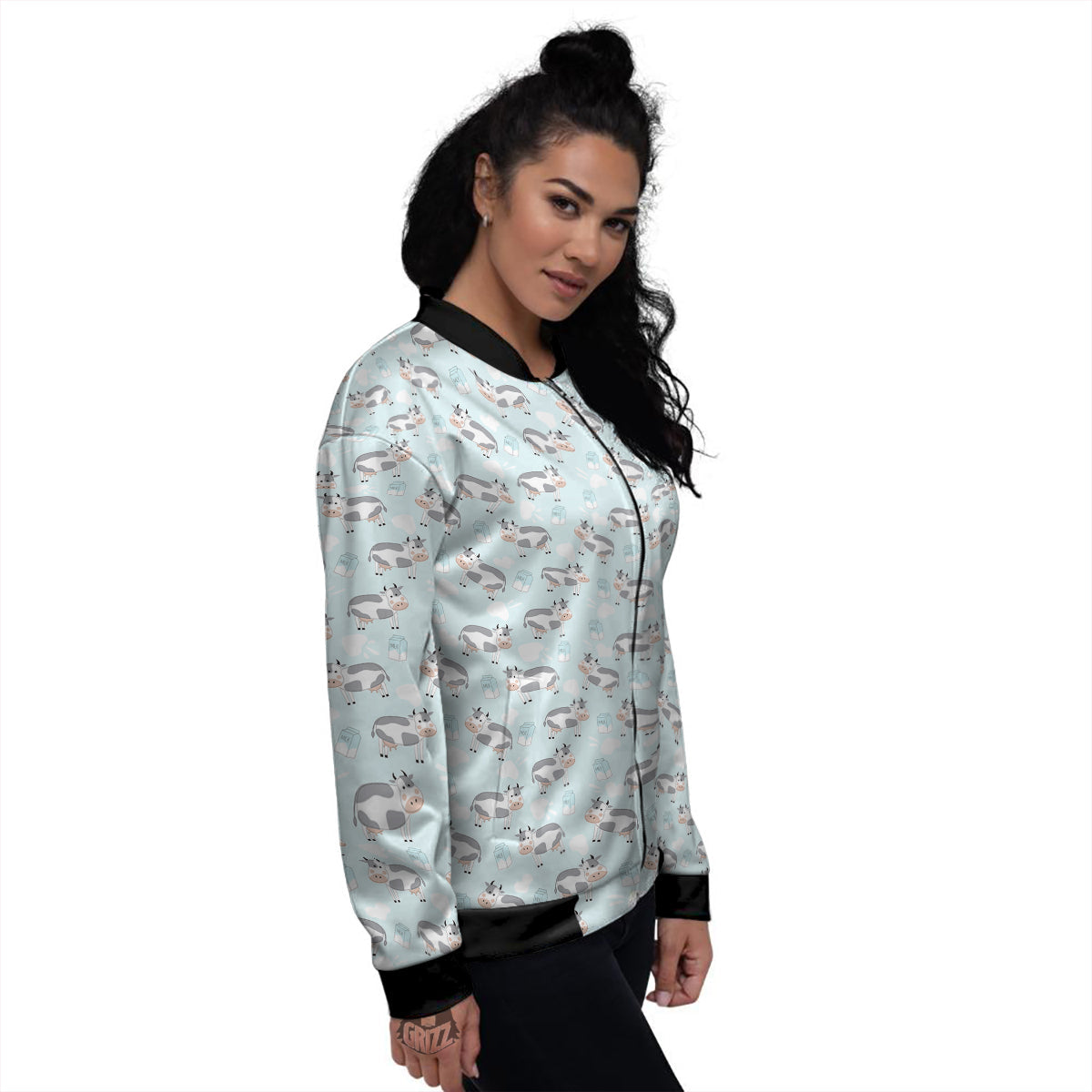 Cartoon Cows Milk Print Pattern Women's Bomber Jacket-grizzshop
