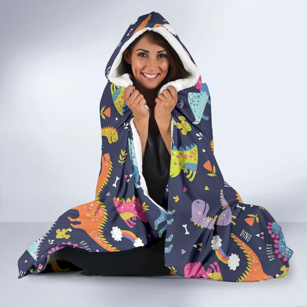 Cartoon Dino Dinosaur Pattern Print Hooded Blanket-grizzshop