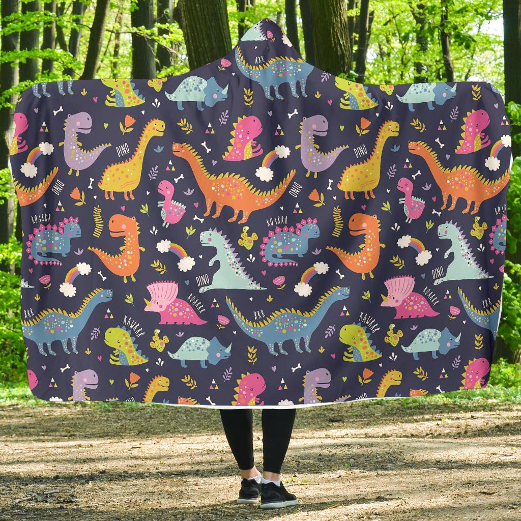 Cartoon Dino Dinosaur Pattern Print Hooded Blanket-grizzshop