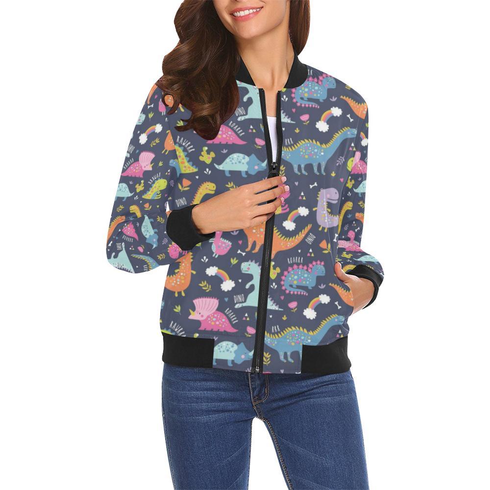 Cartoon Dino Dinosaur Pattern Print Women Casual Bomber Jacket-grizzshop