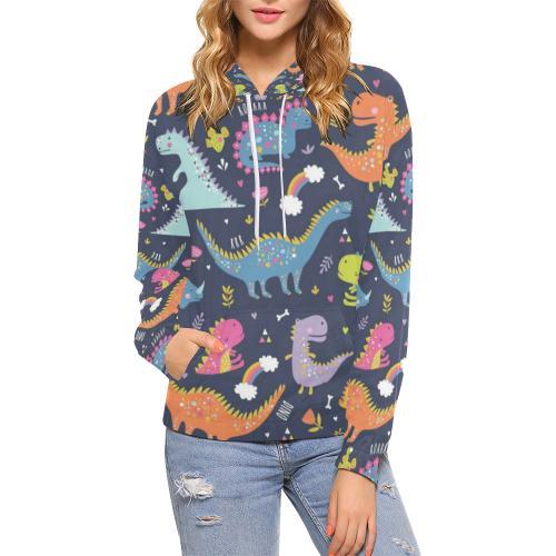 Cartoon Dino Dinosaur Pattern Print Women Pullover Hoodie-grizzshop