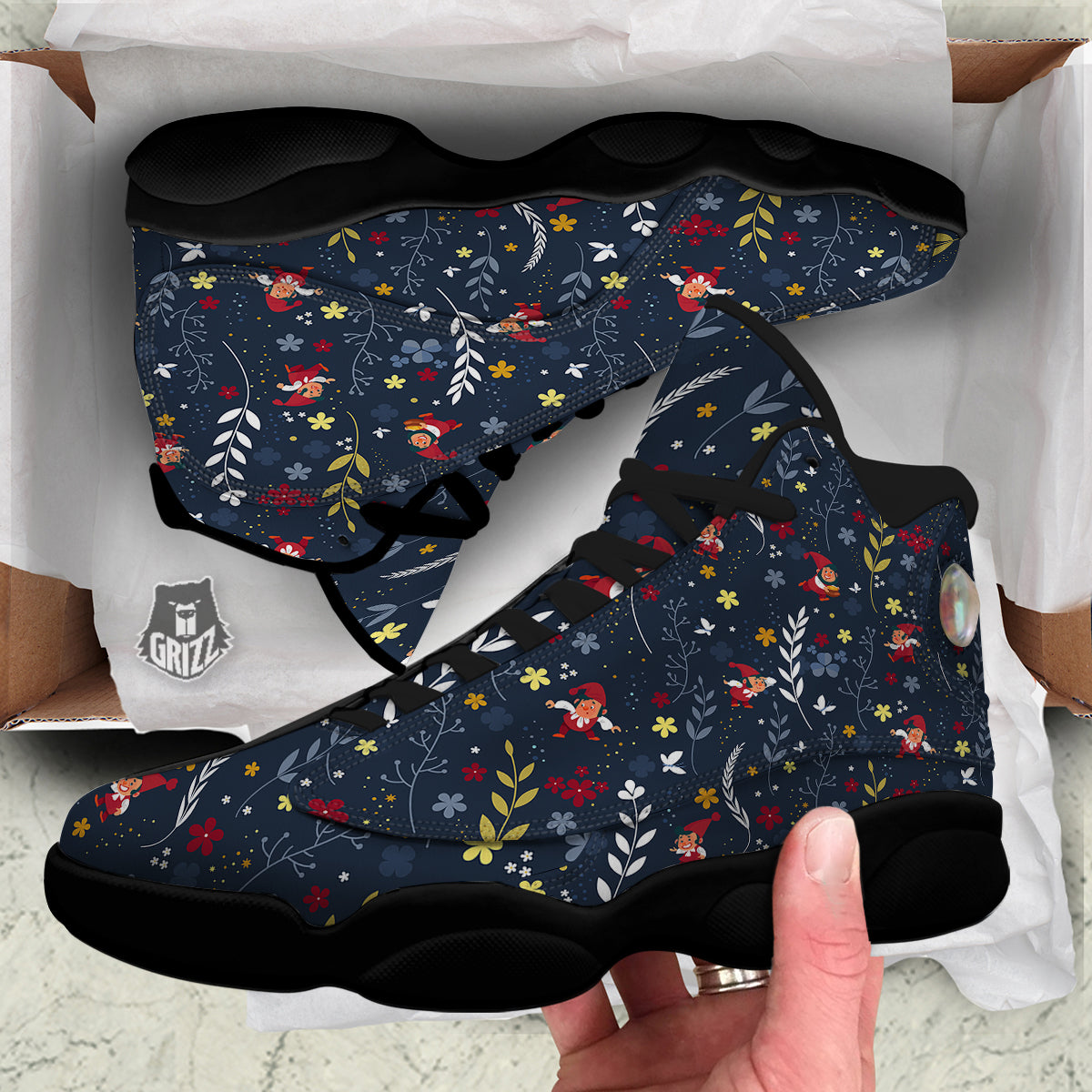 Cartoon Elf And Floral Print Pattern Black Basketball Shoes-grizzshop