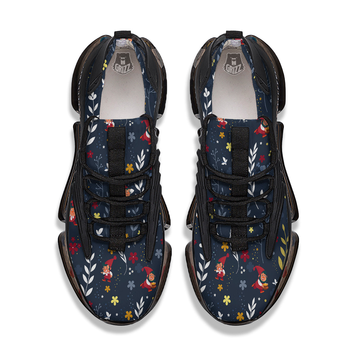 Cartoon Elf And Floral Print Pattern Black Gym Shoes-grizzshop