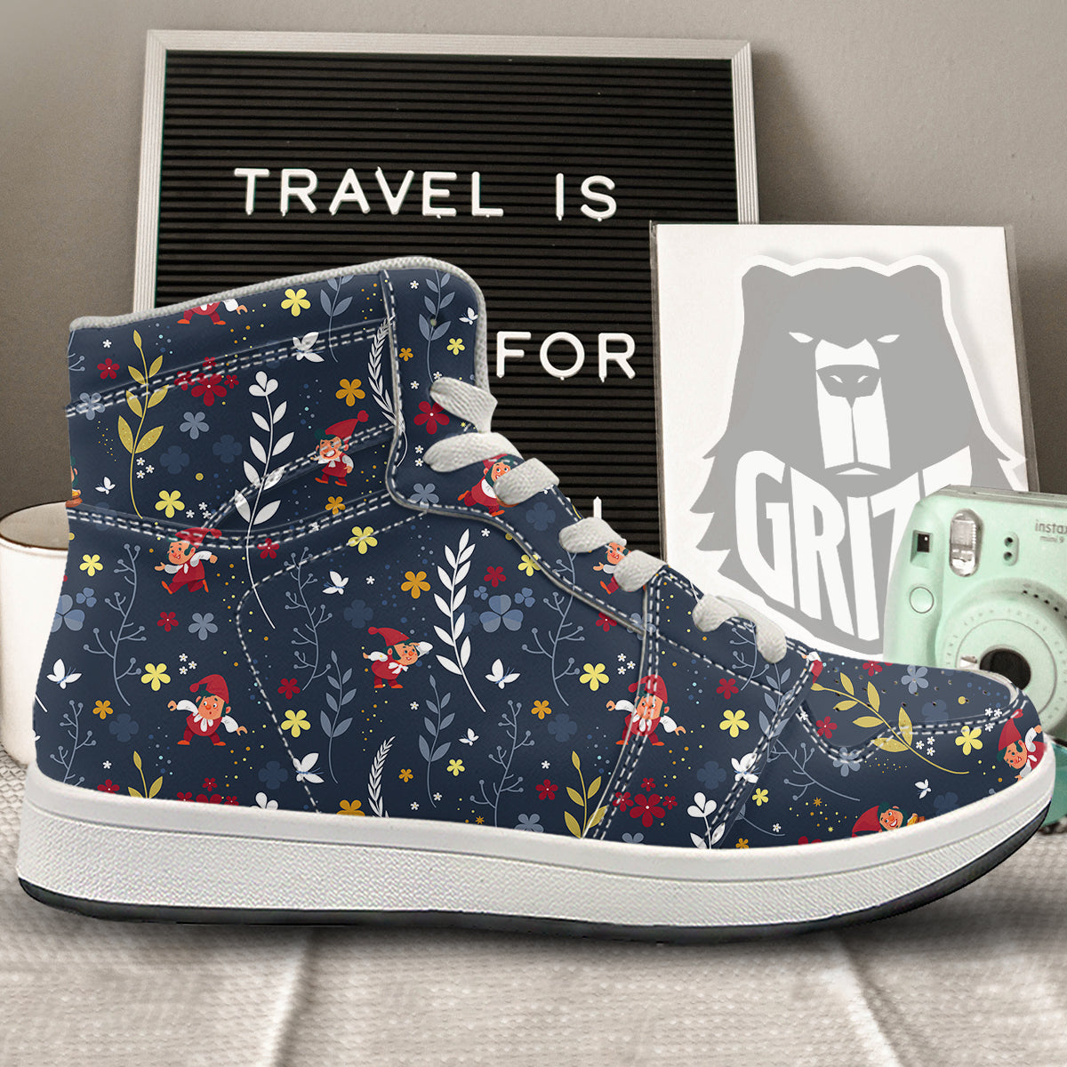 Cartoon Elf And Floral Print Pattern High Top Sneakers-grizzshop
