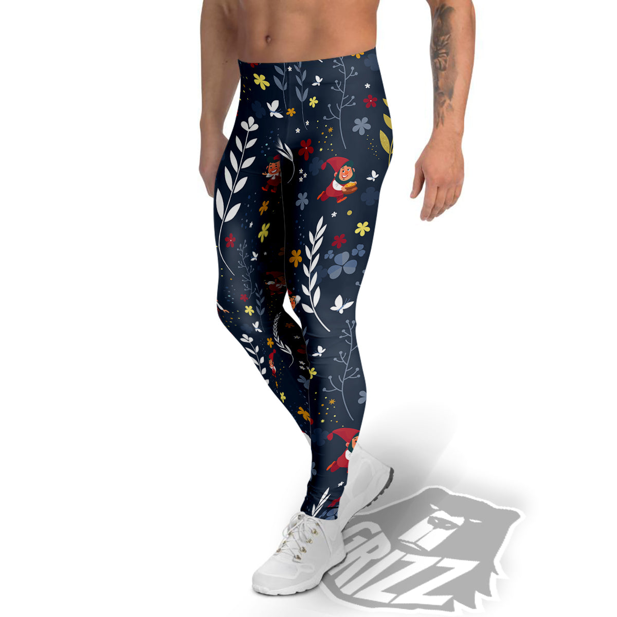 Cartoon Elf And Floral Print Pattern Men's Leggings-grizzshop