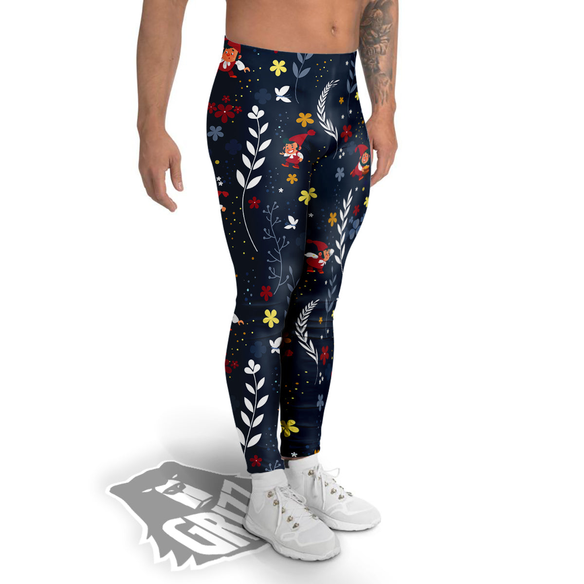 Cartoon Elf And Floral Print Pattern Men's Leggings-grizzshop