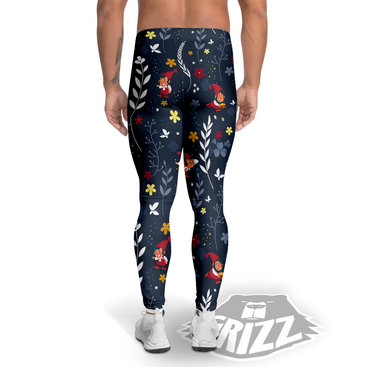 Cartoon Elf And Floral Print Pattern Men's Leggings-grizzshop