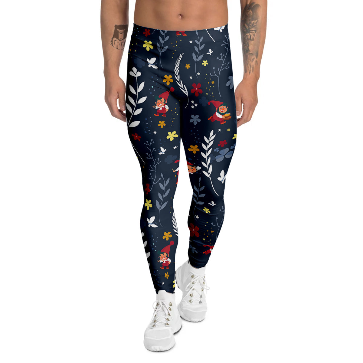 Cartoon Elf And Floral Print Pattern Men's Leggings-grizzshop