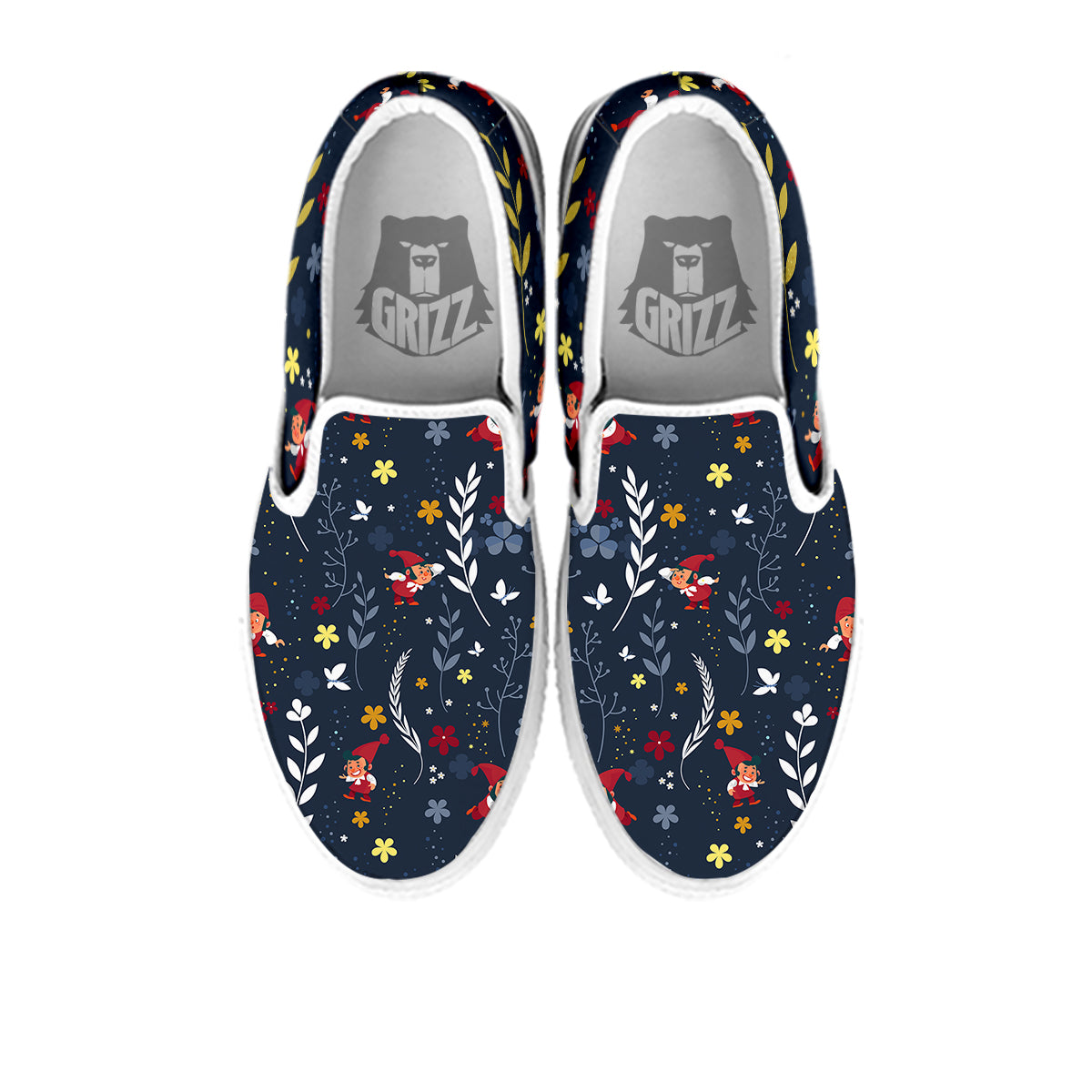 Cartoon Elf And Floral Print Pattern White Slip On Shoes-grizzshop