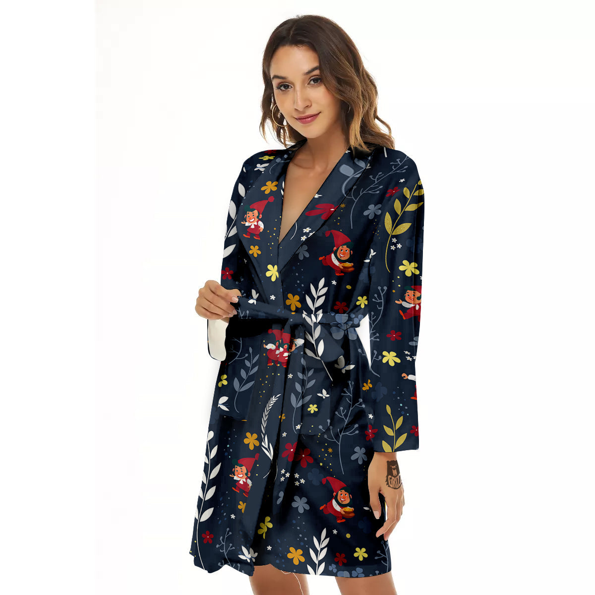 Cartoon Elf And Floral Print Pattern Women's Robe-grizzshop