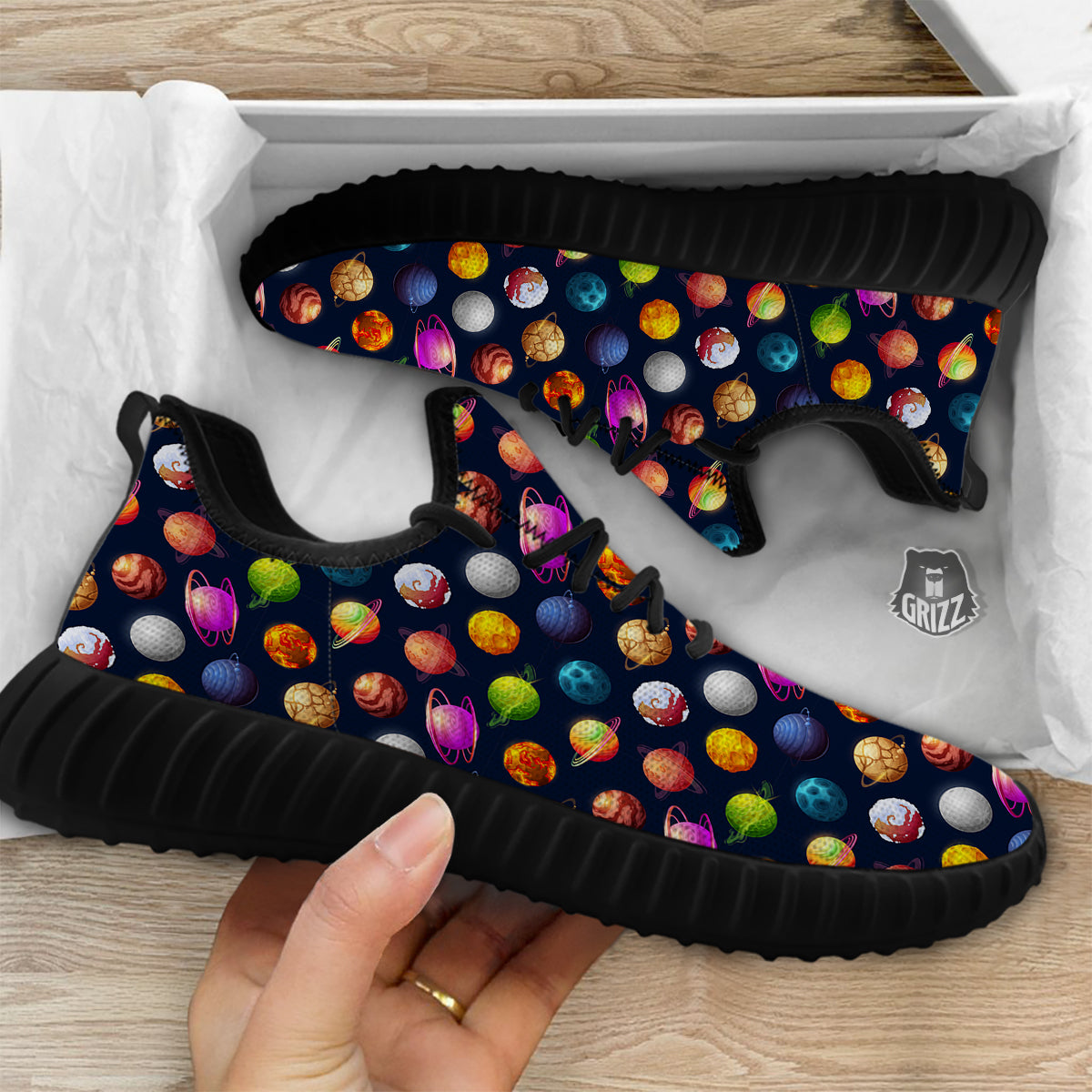 Cartoon Futuristic Planets Colorful Print Pattern Black Walking Shoes-grizzshop