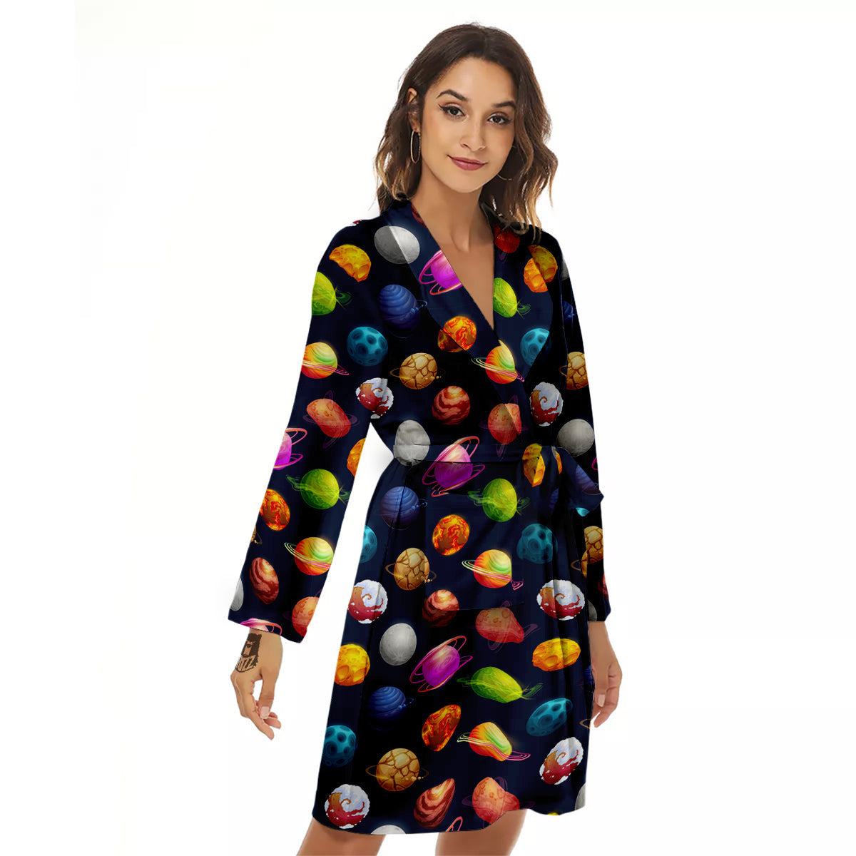 Cartoon Futuristic Planets Colorful Print Pattern Women's Robe-grizzshop