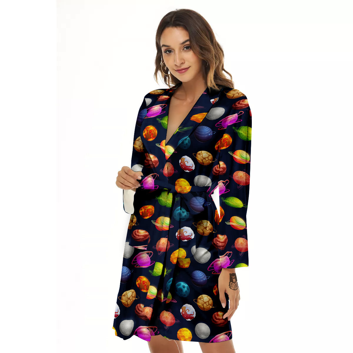 Cartoon Futuristic Planets Colorful Print Pattern Women's Robe-grizzshop