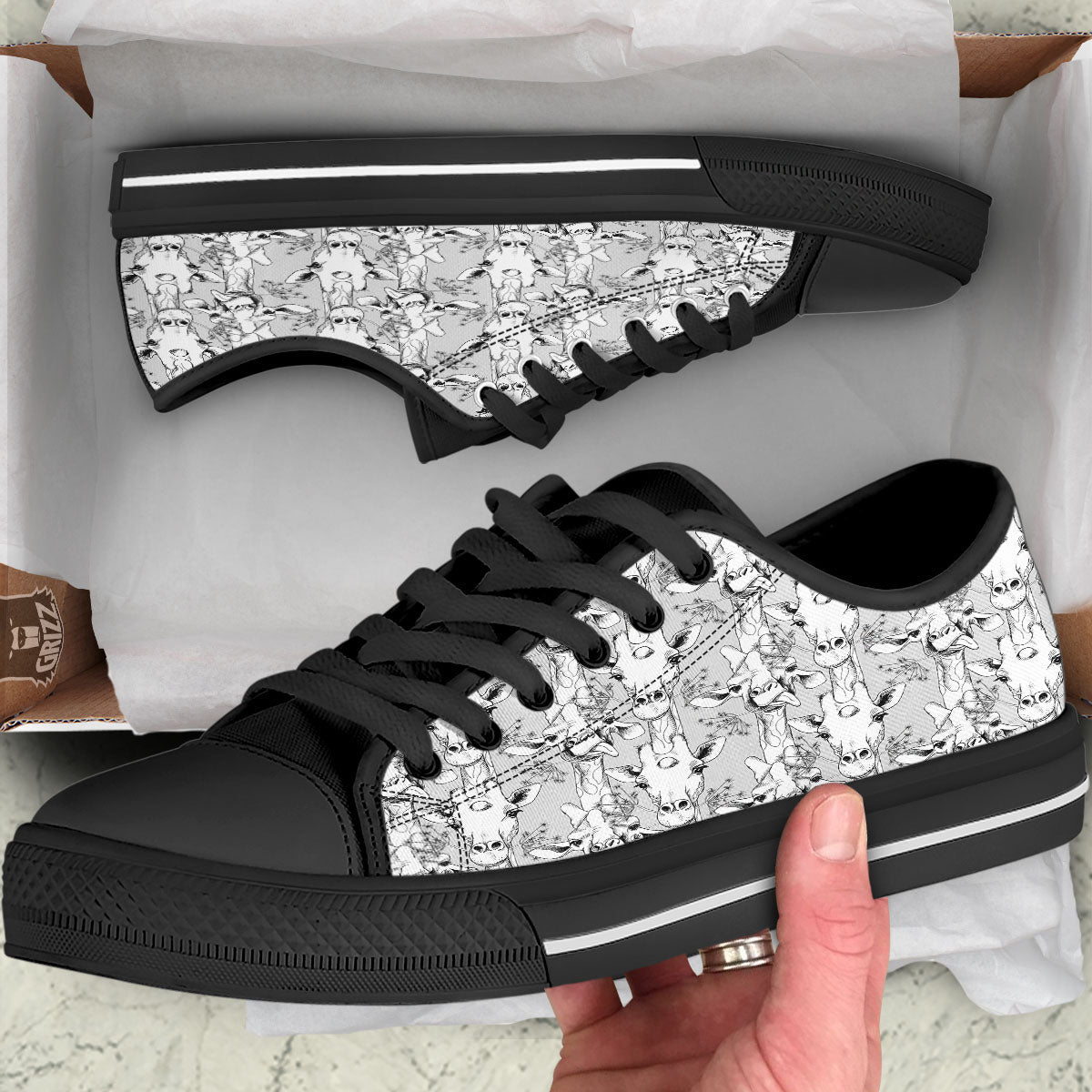 Cartoon Giraffe White And Black Print Black Low Top Shoes-grizzshop