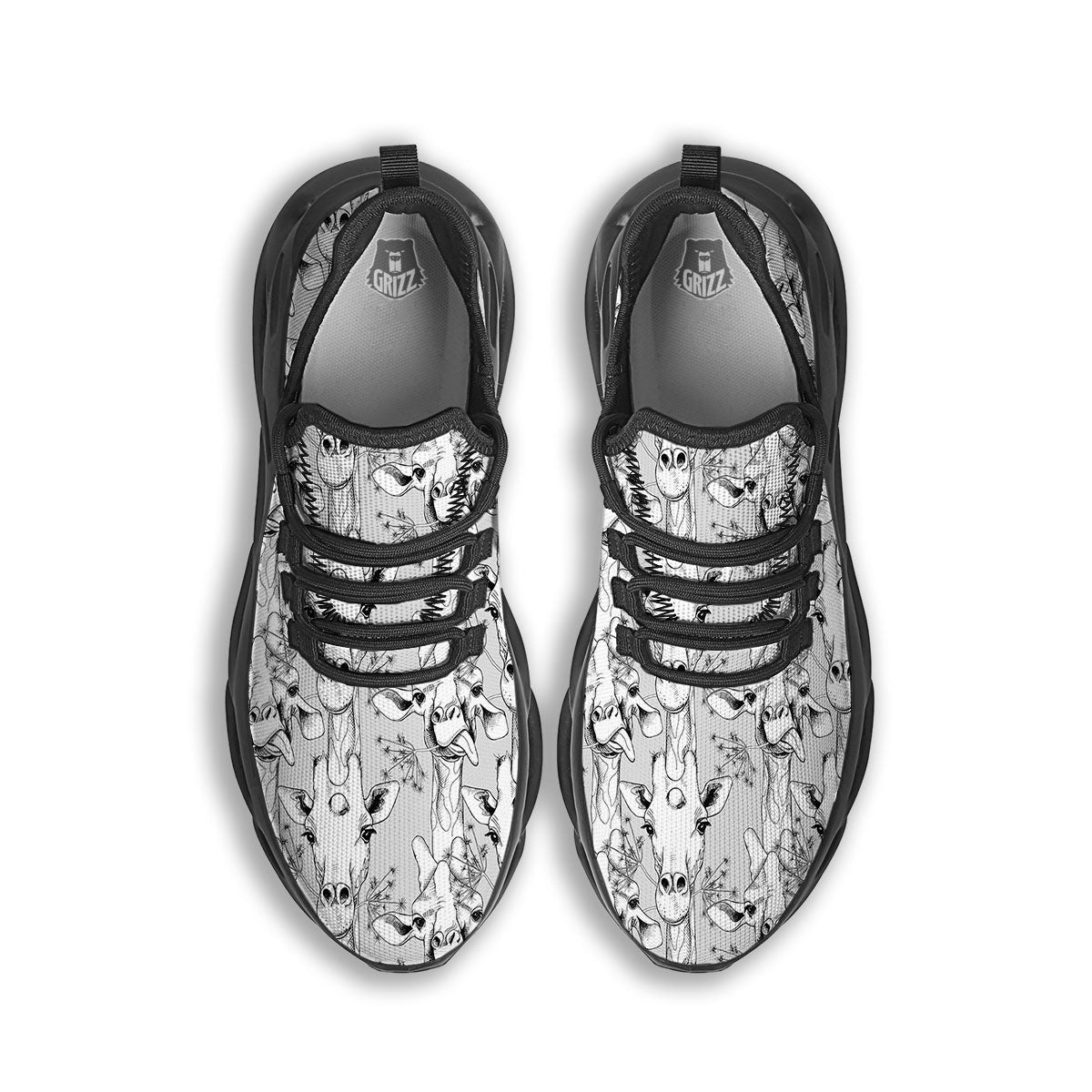 Cartoon Giraffe White And Black Print Black Running Shoes-grizzshop