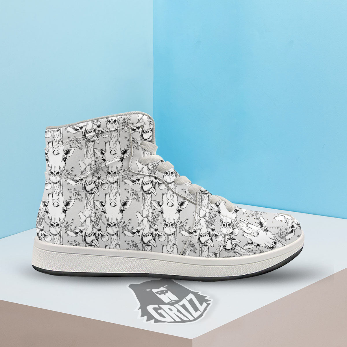 Cartoon Giraffe White And Black Print High Top Sneakers-grizzshop