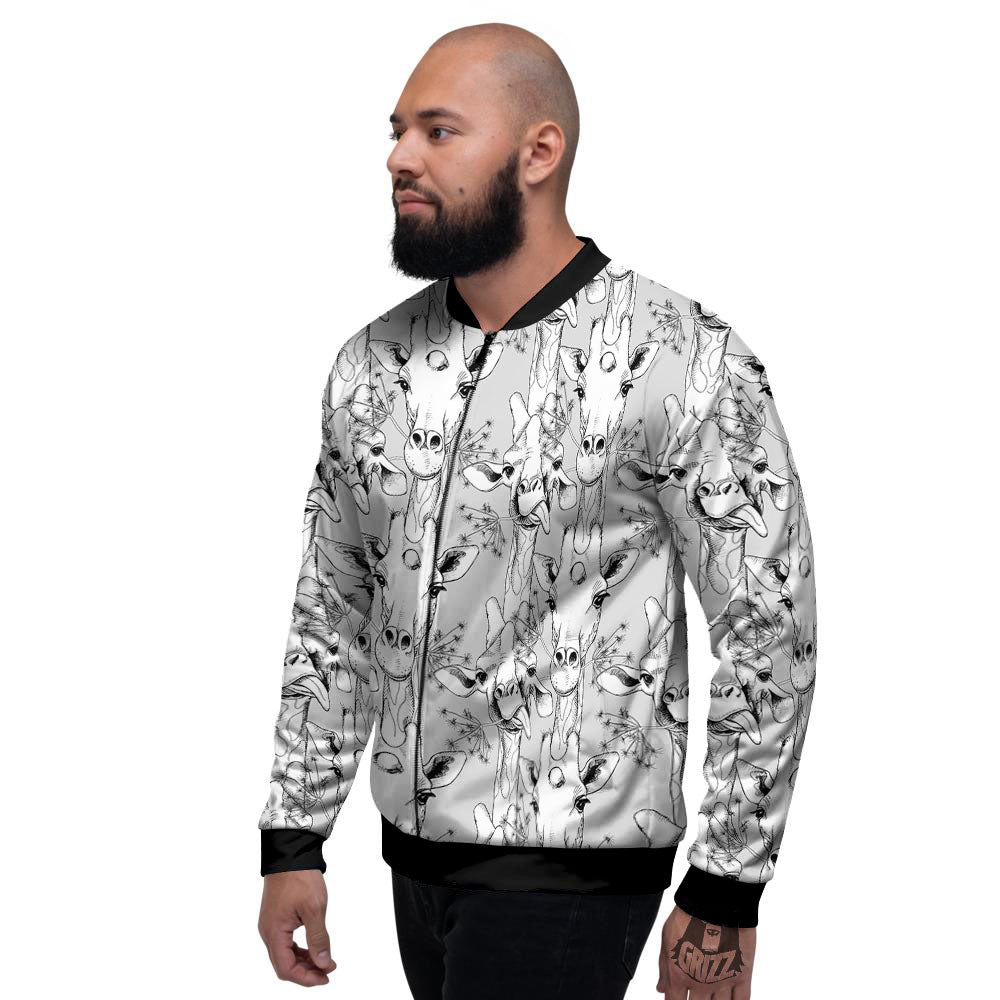 Cartoon Giraffe White And Black Print Men's Bomber Jacket-grizzshop