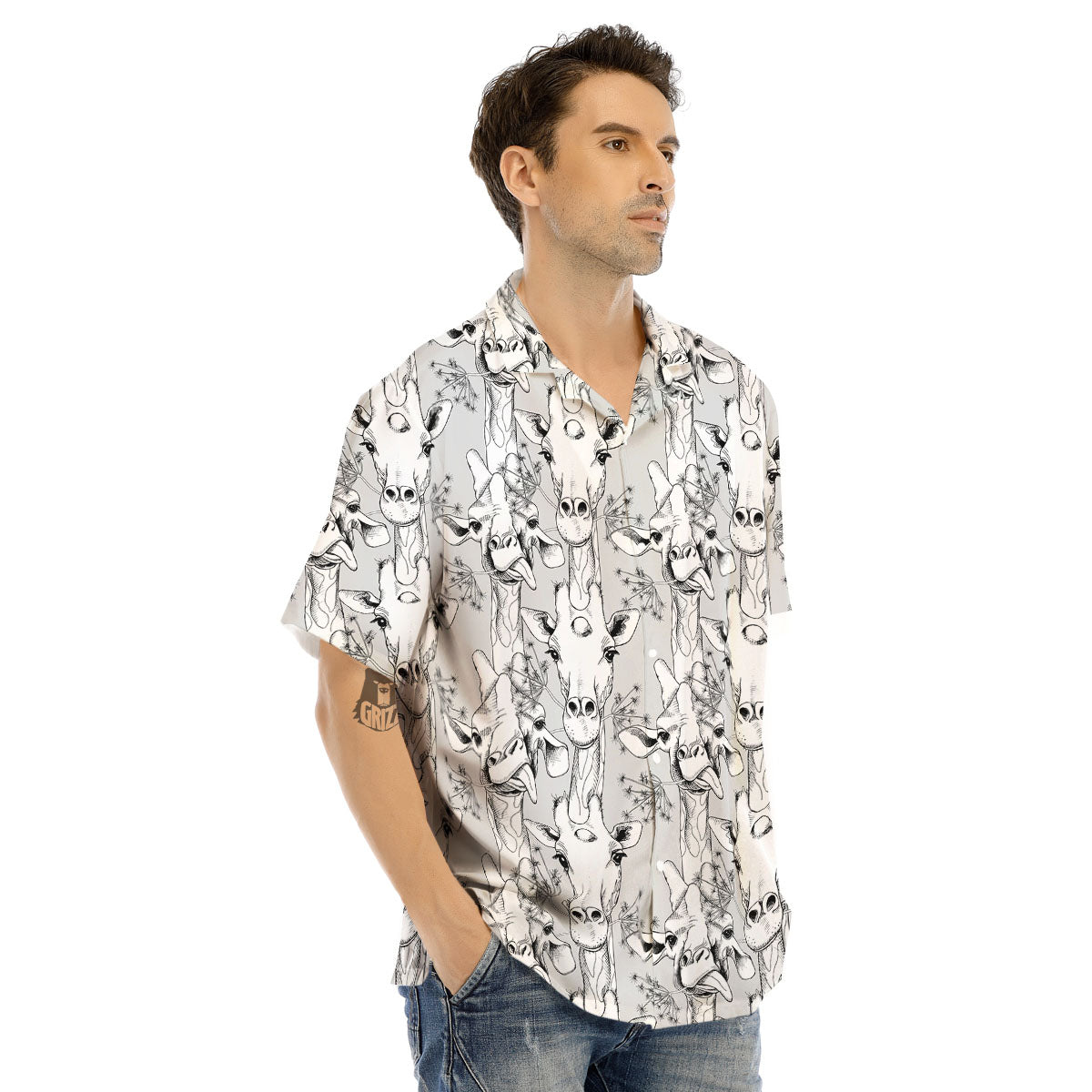 Cartoon Giraffe White And Black Print Men's Hawaiian Shirt-grizzshop