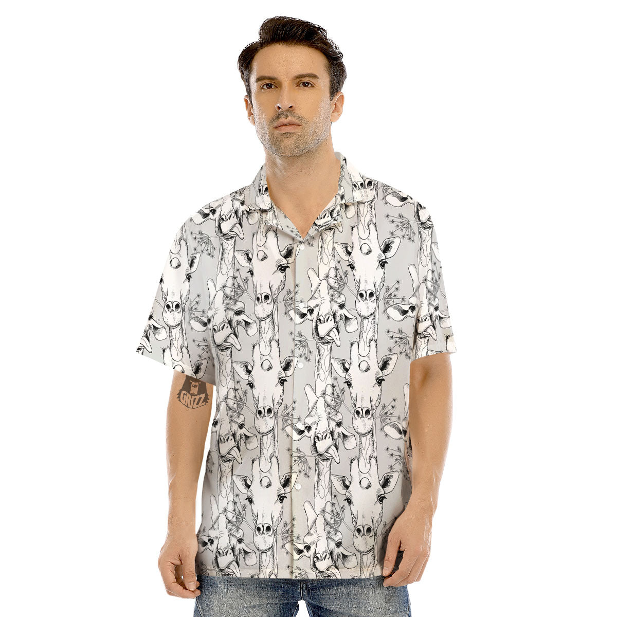 Cartoon Giraffe White And Black Print Men's Hawaiian Shirt-grizzshop