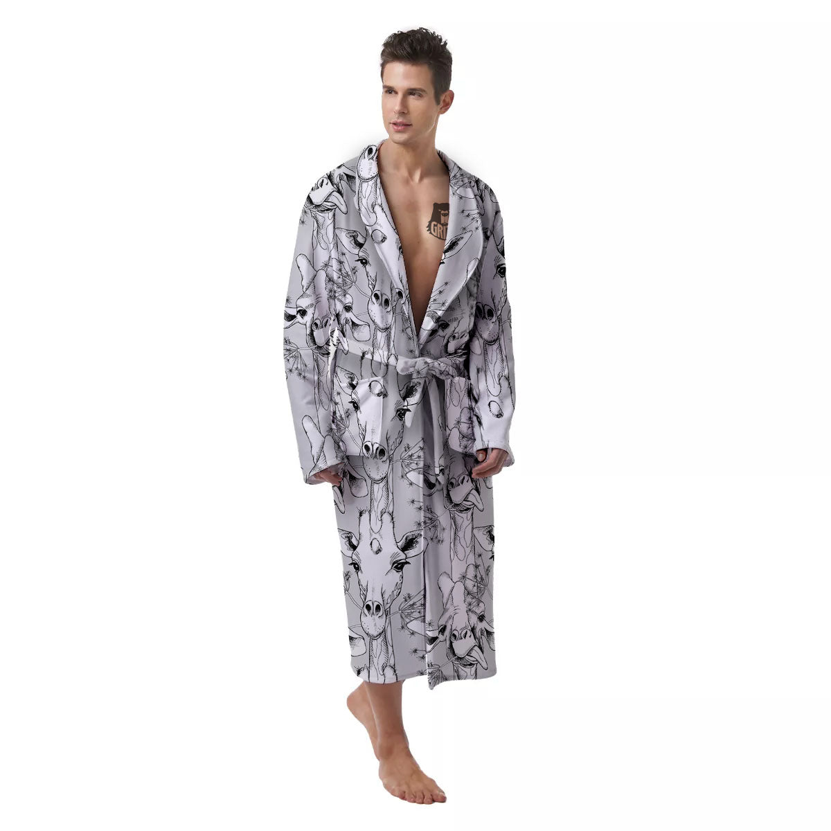 Cartoon Giraffe White And Black Print Men's Robe-grizzshop
