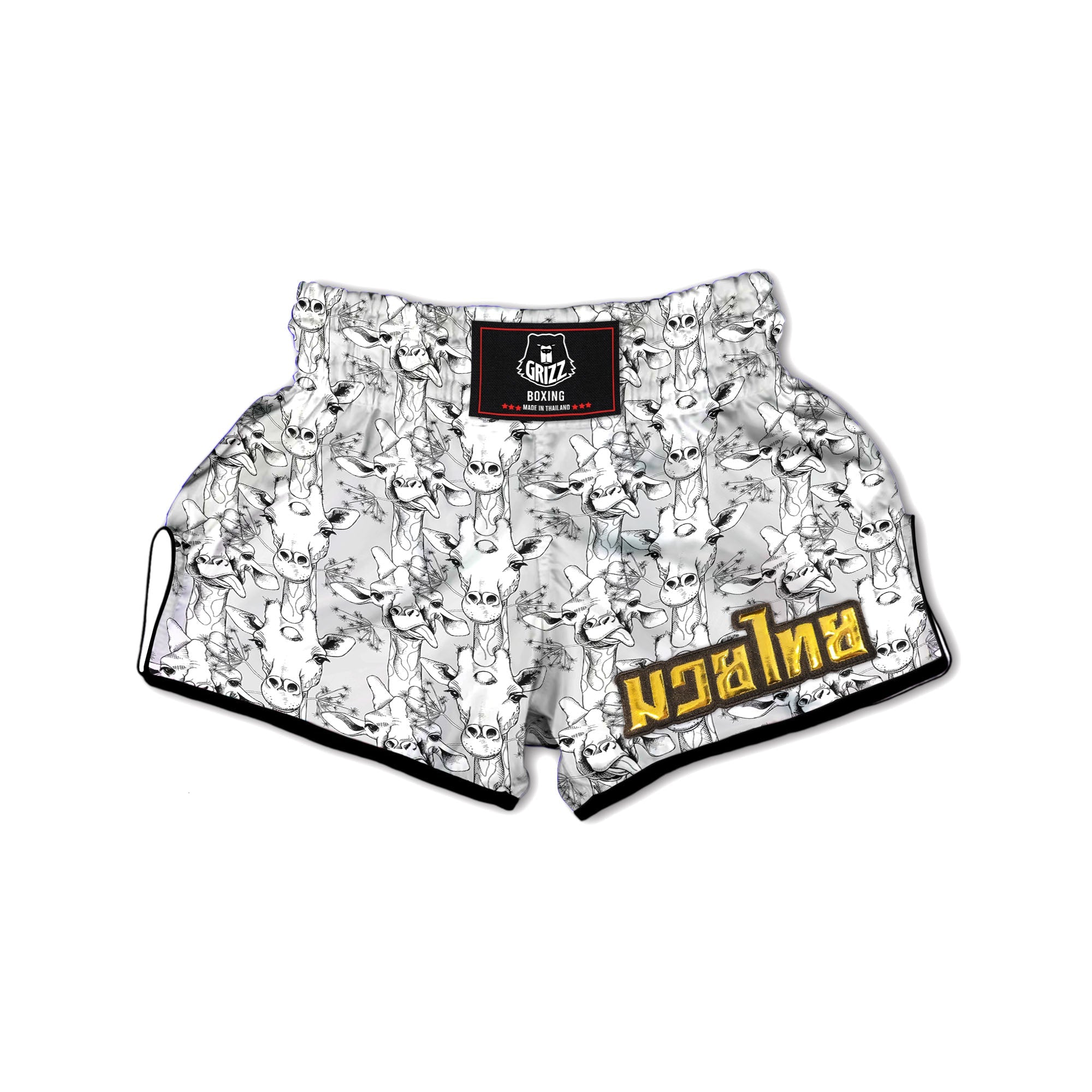 Cartoon Giraffe White And Black Print Muay Thai Boxing Shorts-grizzshop