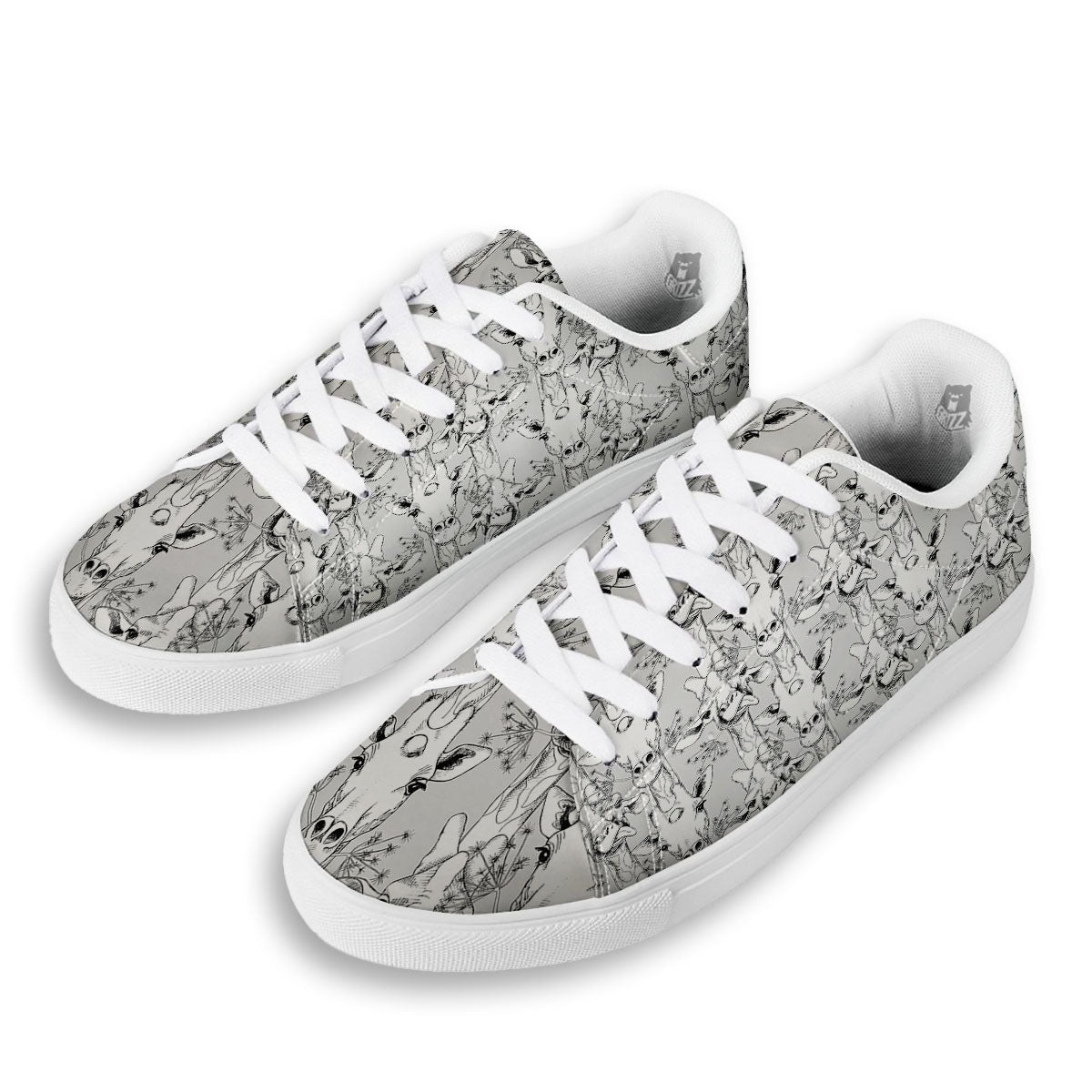 Cartoon Giraffe White And Black Print White Low Top Sneakers-grizzshop