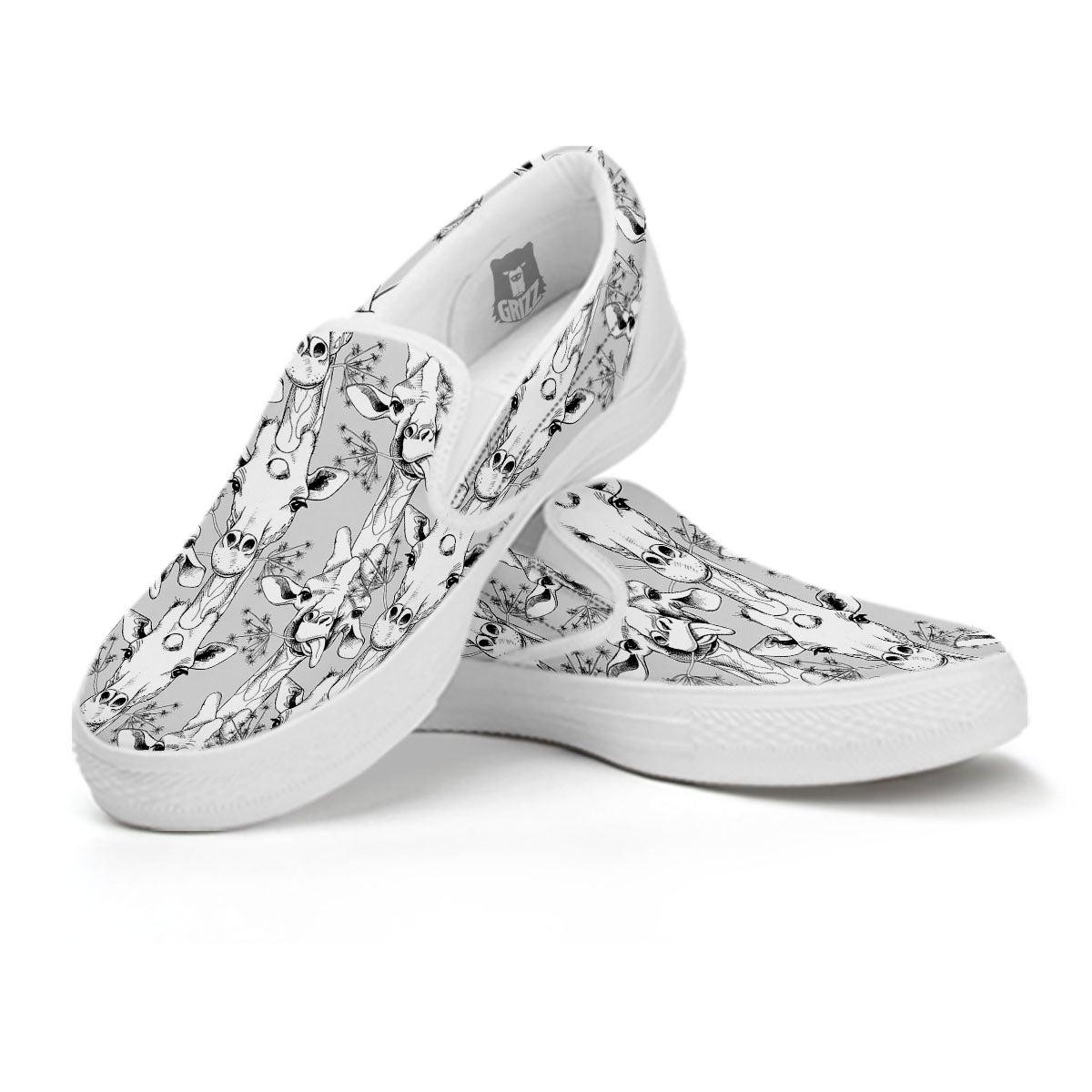 Cartoon Giraffe White And Black Print White Slip On Shoes-grizzshop