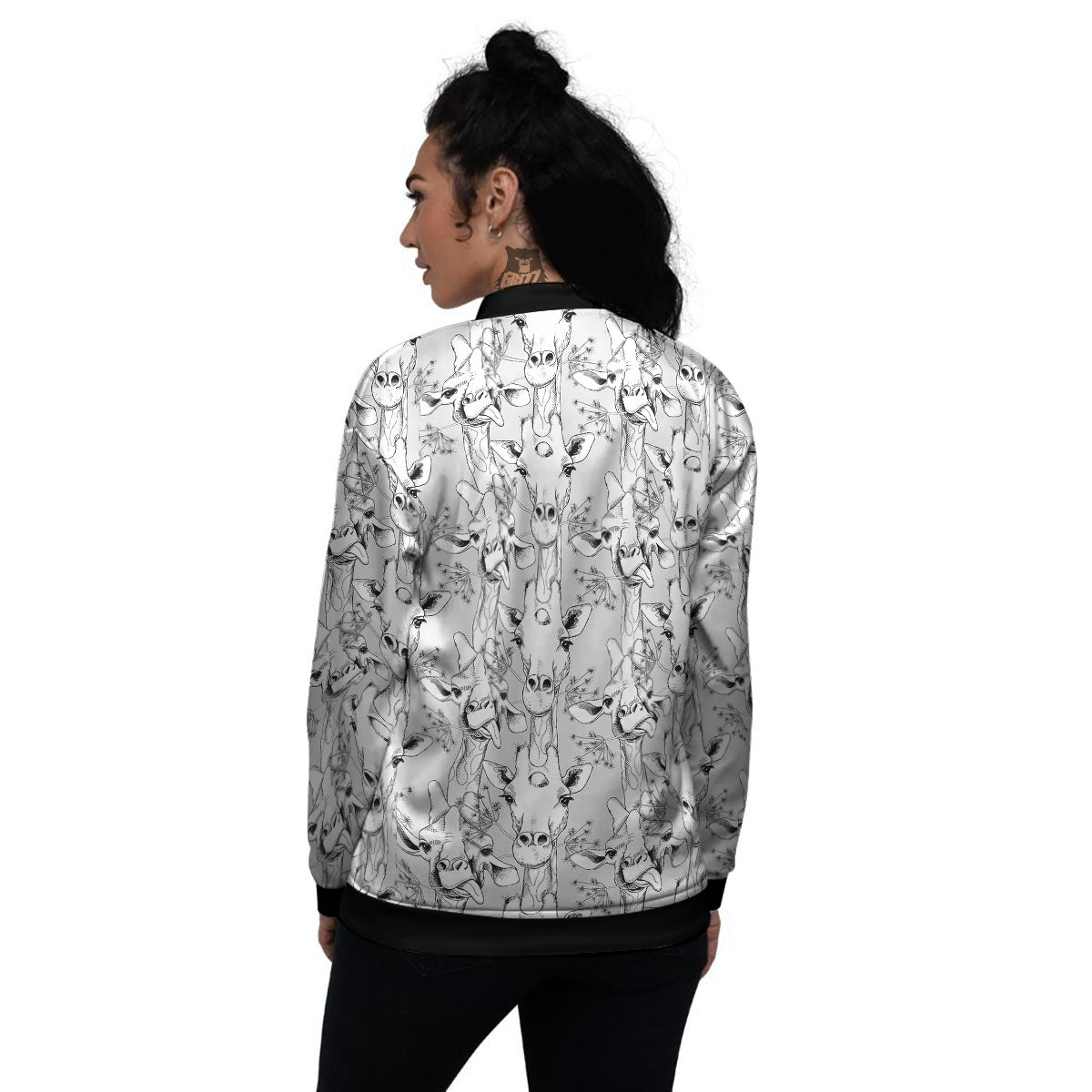 Cartoon Giraffe White And Black Print Women's Bomber Jacket-grizzshop